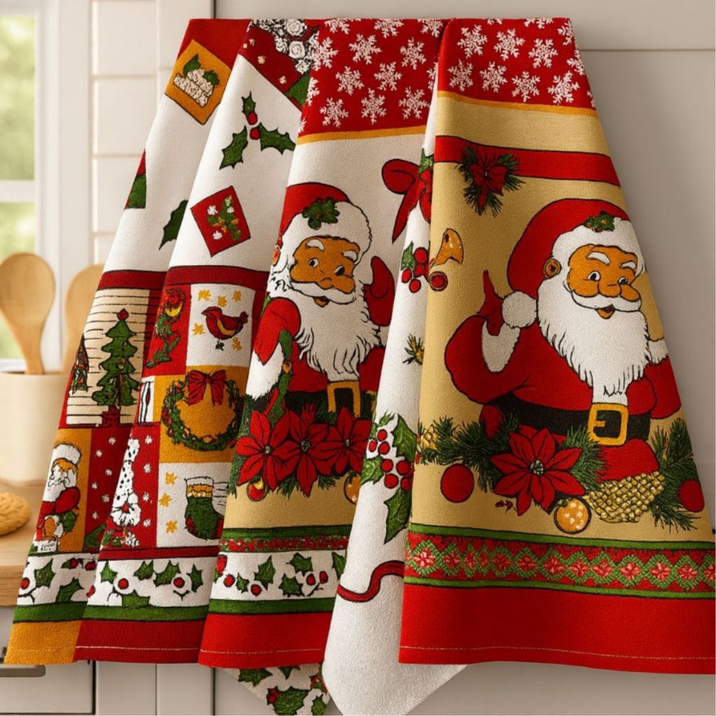 kit com 5 Panos de Prato Grande Estampadão  Cozinha variado e Natal Festa Fim de Ano Brinde Decoração  Papai Noel Oferta