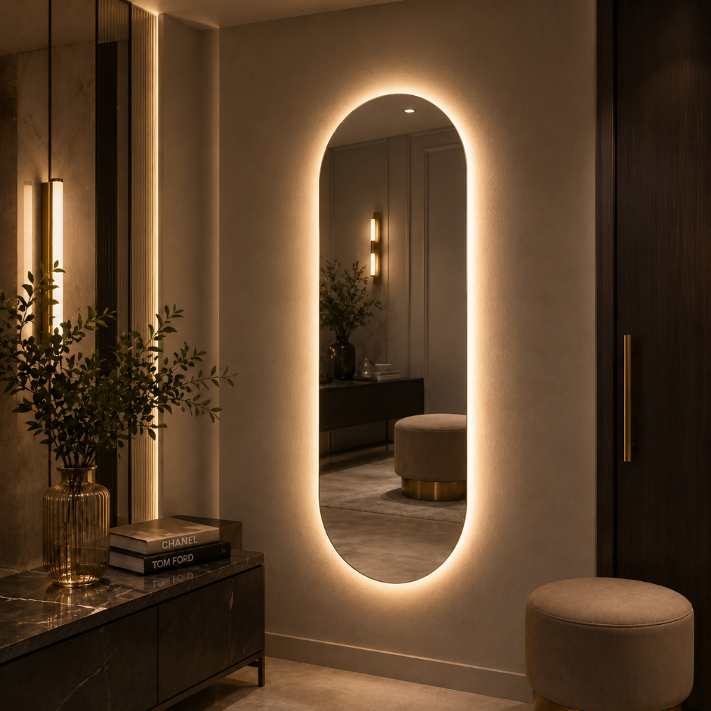 Espelho Oval Com led Branco Neutro e Amarelo Oval Polido Sem Led Polido Moderno Sem moldura closet sala luxo
