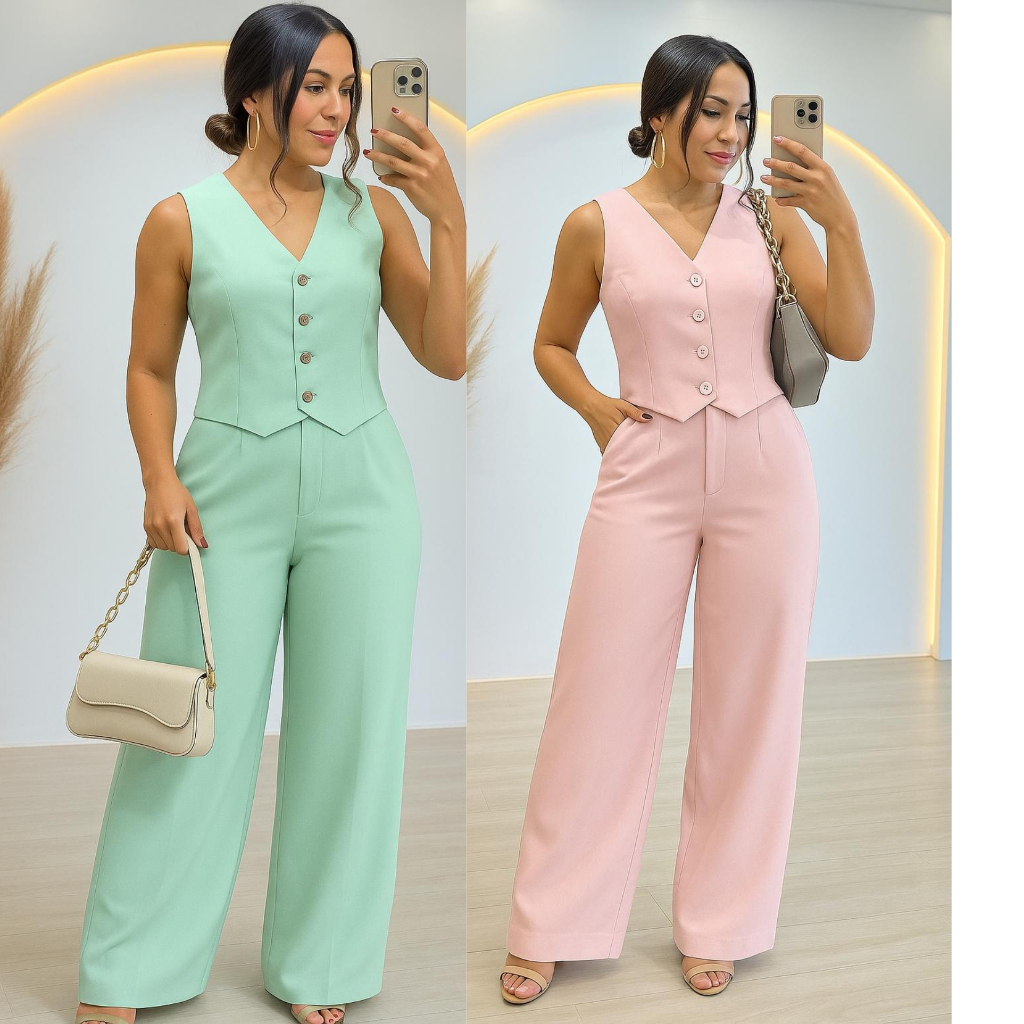 CONJUNTO FEMININO ESTILOSO E ELEGANTE EN CORES DE VERÃO EM ,CALÇA +COLETE